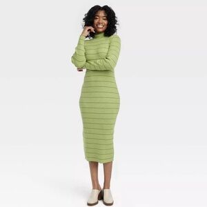 House of Aama Long Sleeve Green Striped  Soft Knit Dress